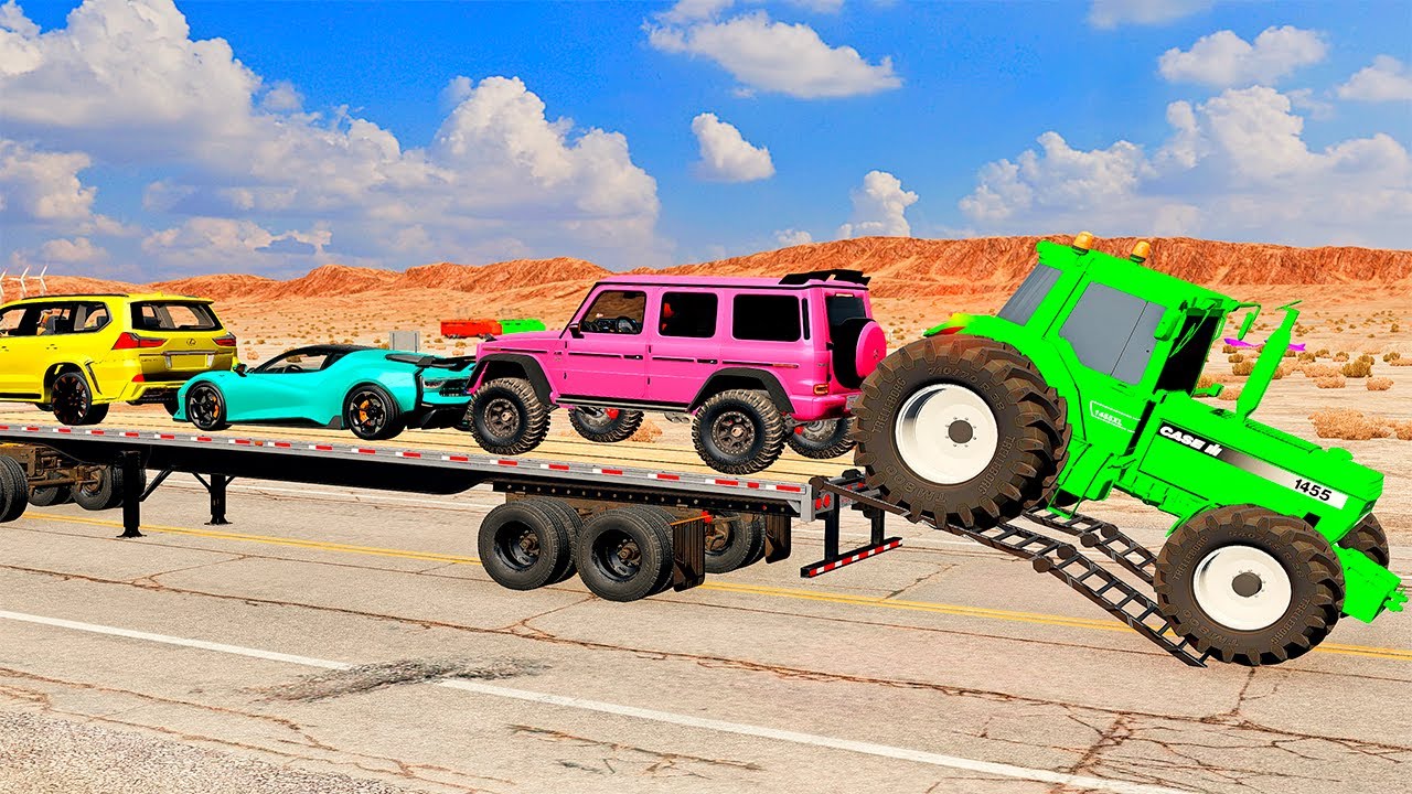 Double Flatbed Truck Mcqueen | Transportation with Truck - Pothole vs Car #4 - BeamNG.Drive