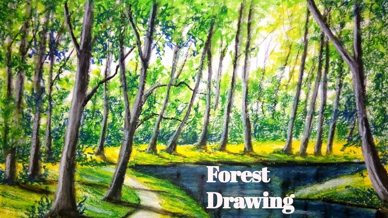 A Beautiful forest drawing with oil pastel  || Oil Pastel Drawing || Easy Forest Drawing || Lake Art