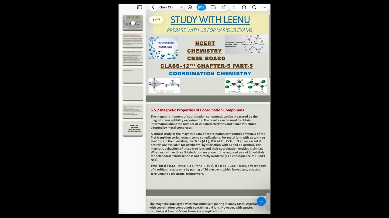 NCERT CLASS 12 COORDINATION CHEMISTRY | PART-5 | VBT MAGNETIC PROPERTIES | #cbse @Studywithleenu 👍