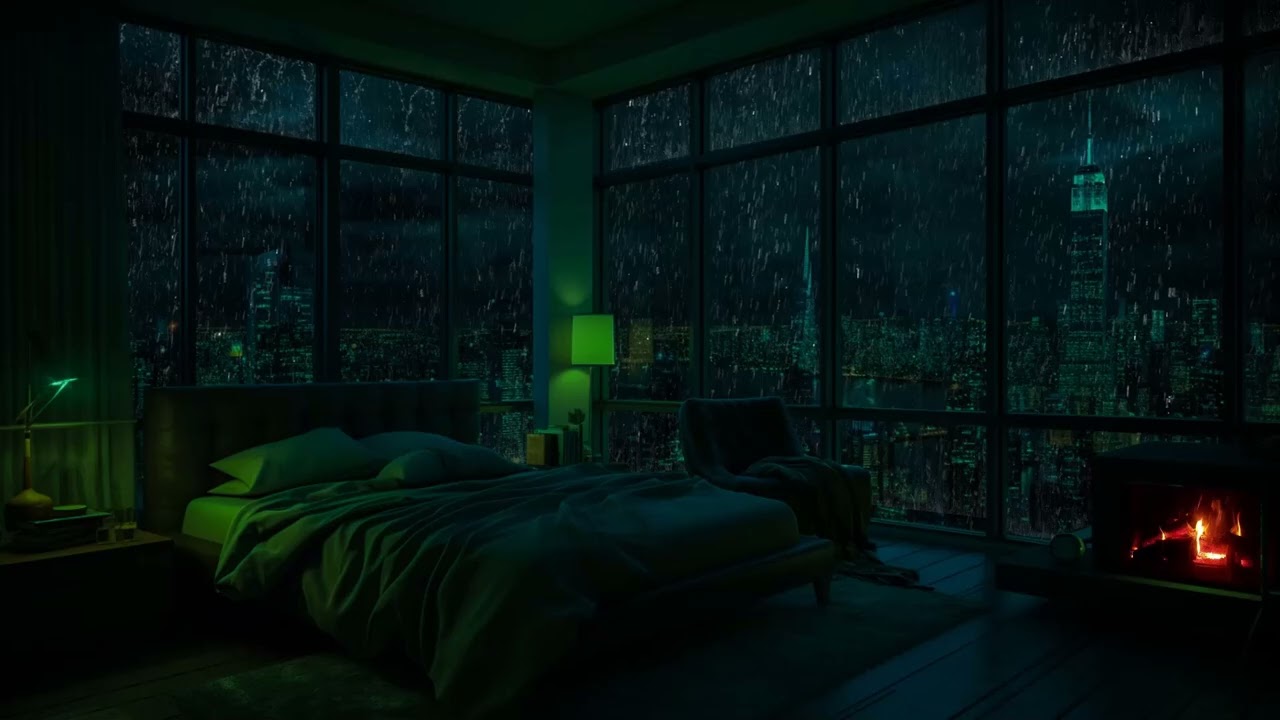 Soothing Rain Night 🌧️ Cozy Luxury Penthouse NYC Skyline & Thunder ASMR 🌃 Deep Sleep Calm
