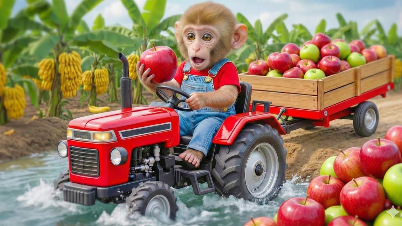 Monkey Rico Drives a tractor and handles a funny mishap with an apple tree and bees 🚜🍎🐝