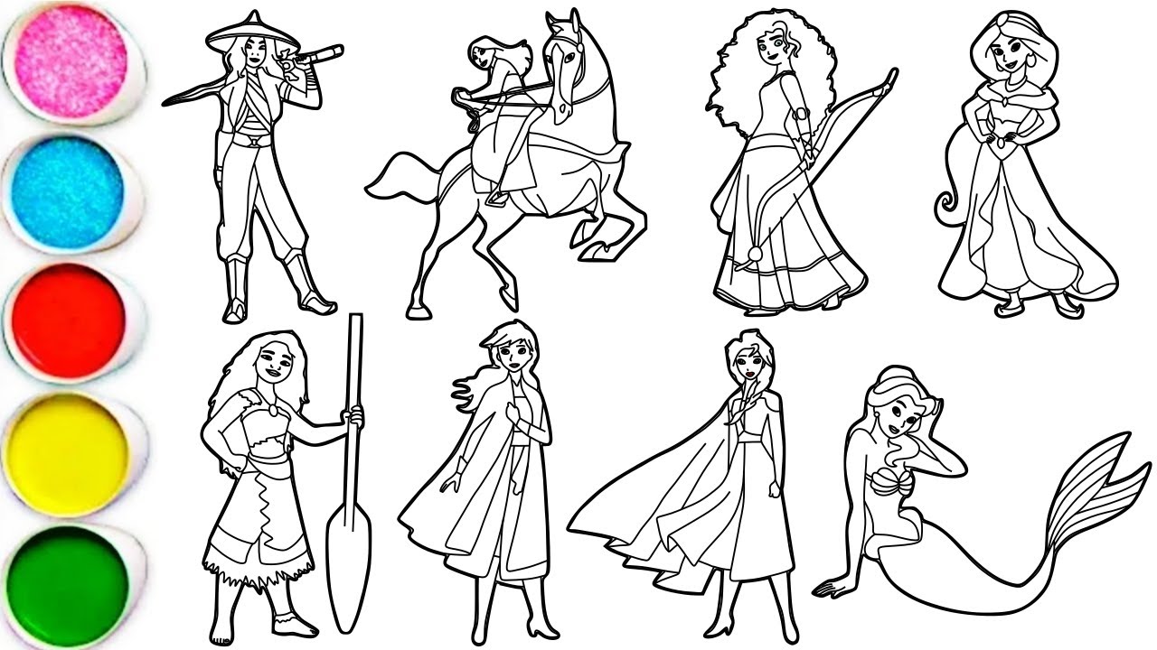 How to draw Princesses Disney - Raya, Mulan, Merida, Jasmine, Moana, Anna, Elsa & Belle as a mermaid