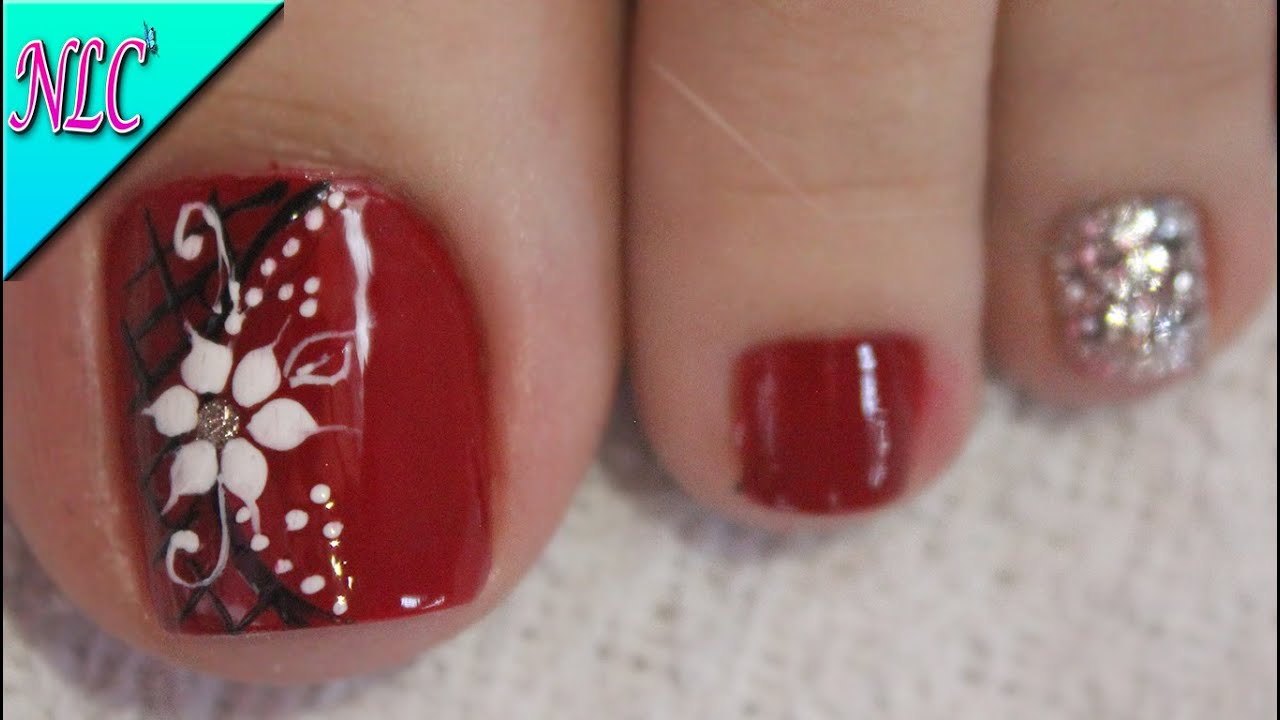 DISEÑO DE UÑAS PARA PIES FLOR NEGRO Y ROJO ¡Muy fácil! - FLOWERS NAIL ART - NLC