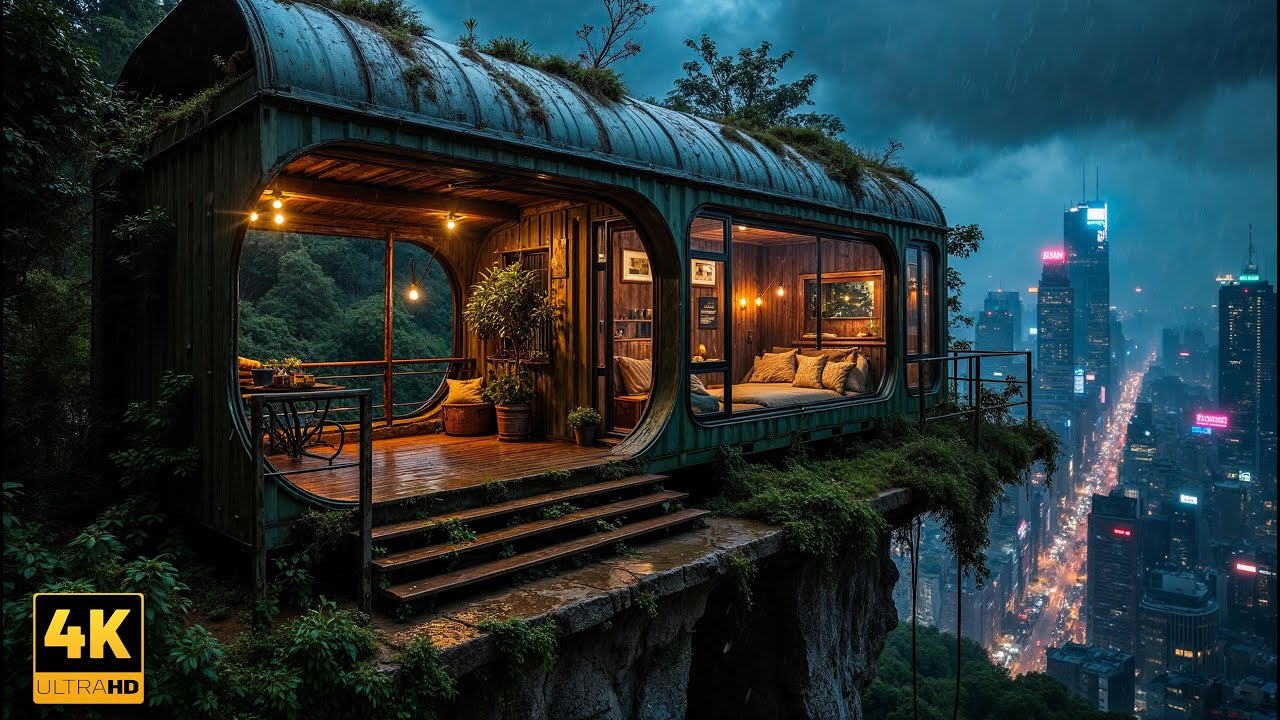 Lofi Rain 🌧️ Cozy Cliffside Cabin Overlooking Neon City | Chill Lofi Beats for Sleep, Study & Relax