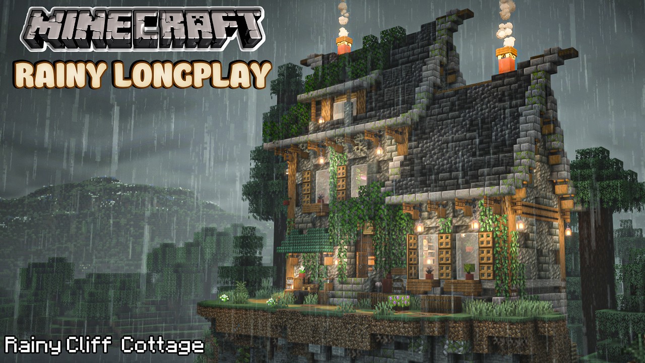 Minecraft Relaxing Rainy LongPlay - Rainy Cliff - Rainy Cozy Cottage House • No Commentary