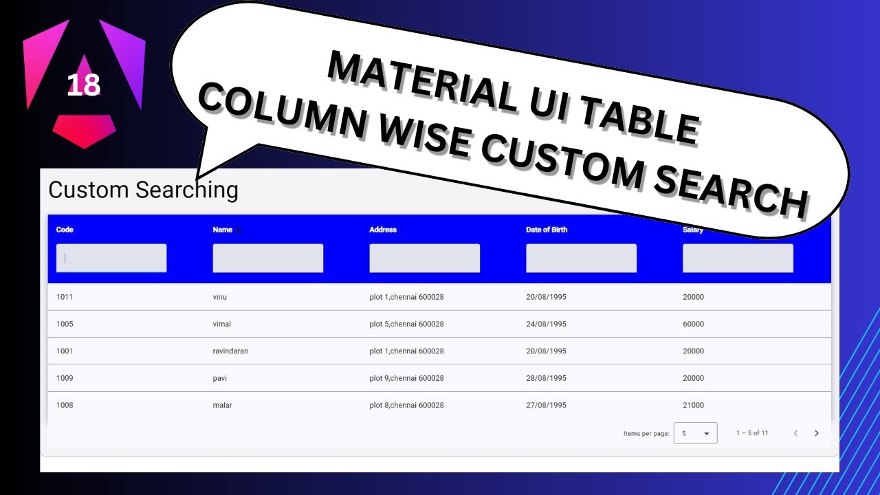 Angular 18 Material UI Table: Custom Column Search, Pagination & Sorting Tutorial