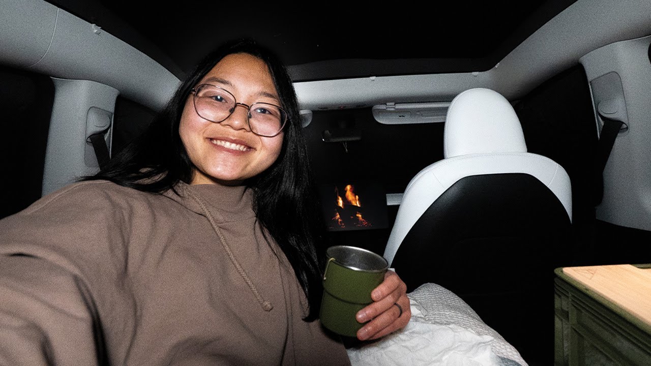 Cozy Solo Winter Car Camping in My Tesla Model Y | New Setup