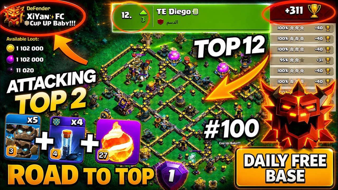 TOP 12 with 3 Days Left…INSANE day ATTACKING TOP 2 | FREE TH18 BASE LINK | Daily Ranked Attacks #100
