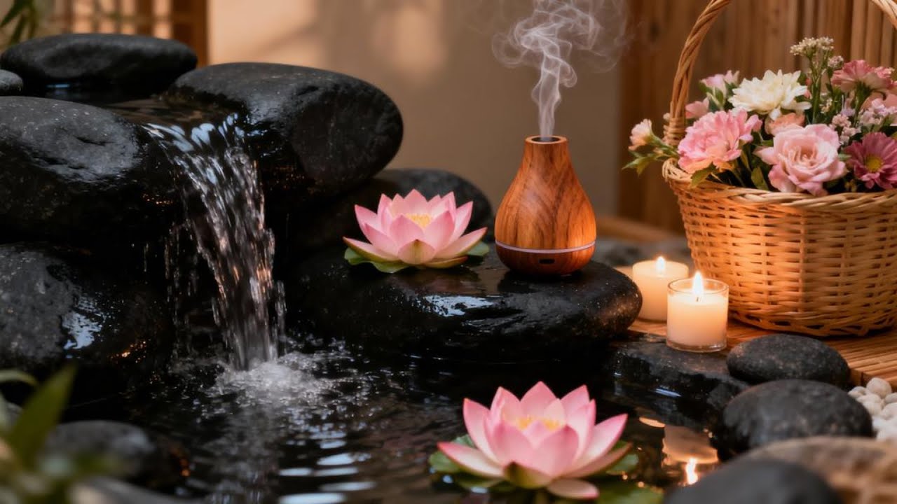 SPA RELAXATION MUSIC WITH FLOWING WATER AND GENTLE PIANO