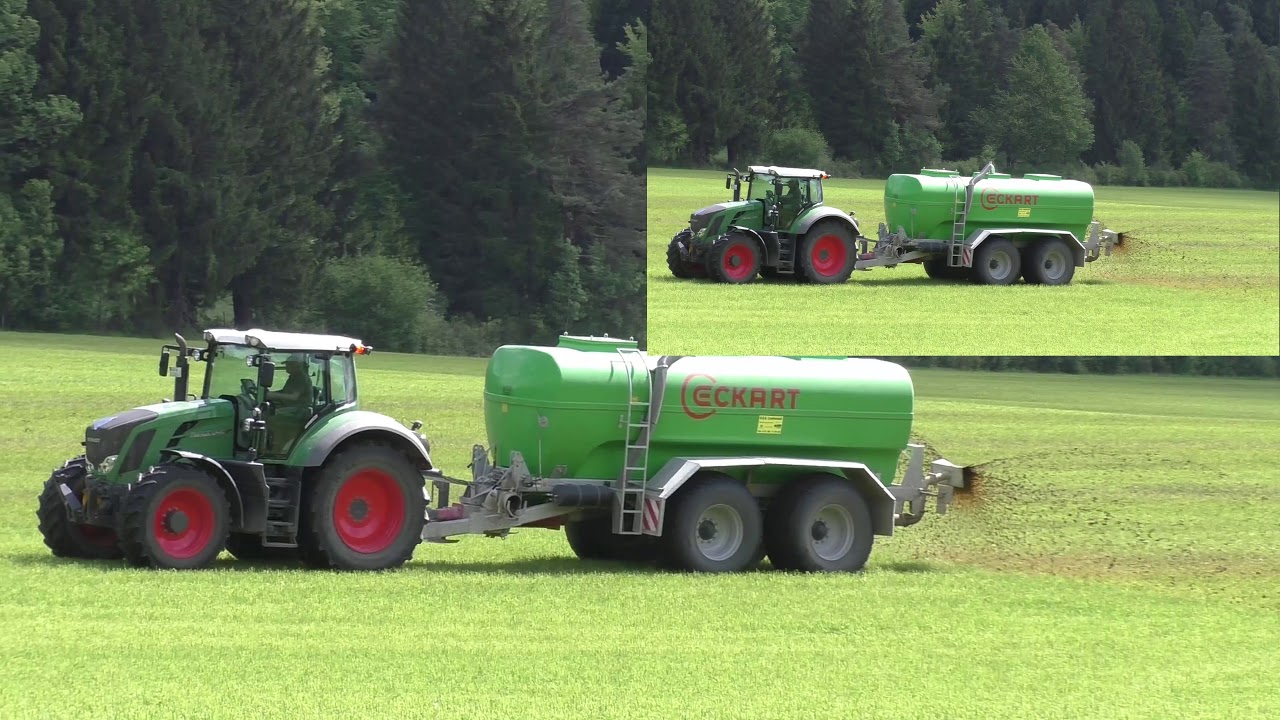 Nach den Mähen wird meist mit Gülle die Wiese Gedüngt hier ein Fend Vario 720 Eckart  Polyesterfass