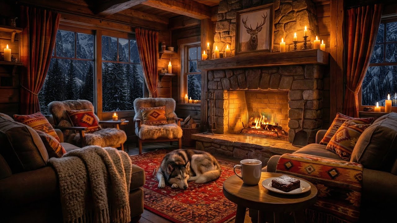 🔥 Cozy Mountain Cabin Fireplace ❄️ Snowy Winter Night Ambience | Calm & Peaceful Ambience