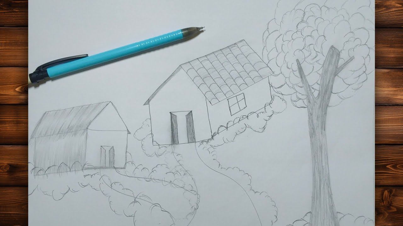 🌾 How to Draw Simple Village Scene | Easy Pencil Sketch for Kids