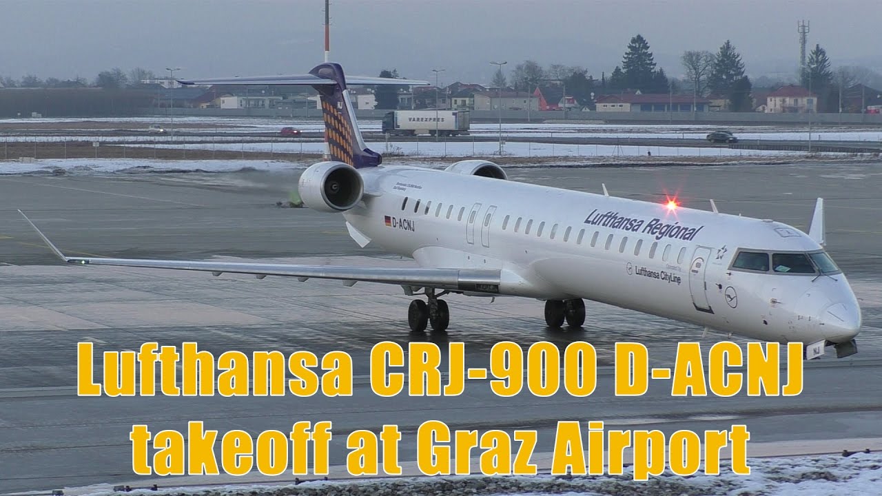 Lufthansa Cityline CRJ-900 engine start and takeoff at Graz Airport | D-ACNJ