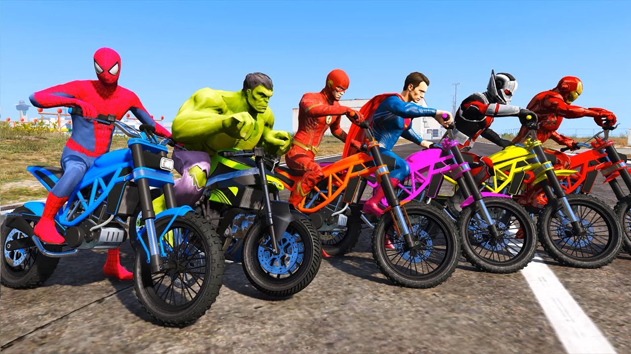 SPIDERMAN Parkour Motos Challenge At the A&eacute;roport Avec Hulk, Ironman, Superman, Antman, Flash |GTA 5
