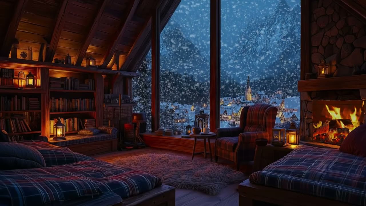Cozy Winter Cabin Snowfall with Gentle Fireplace Crackles for Deep Sleep & Study Focus