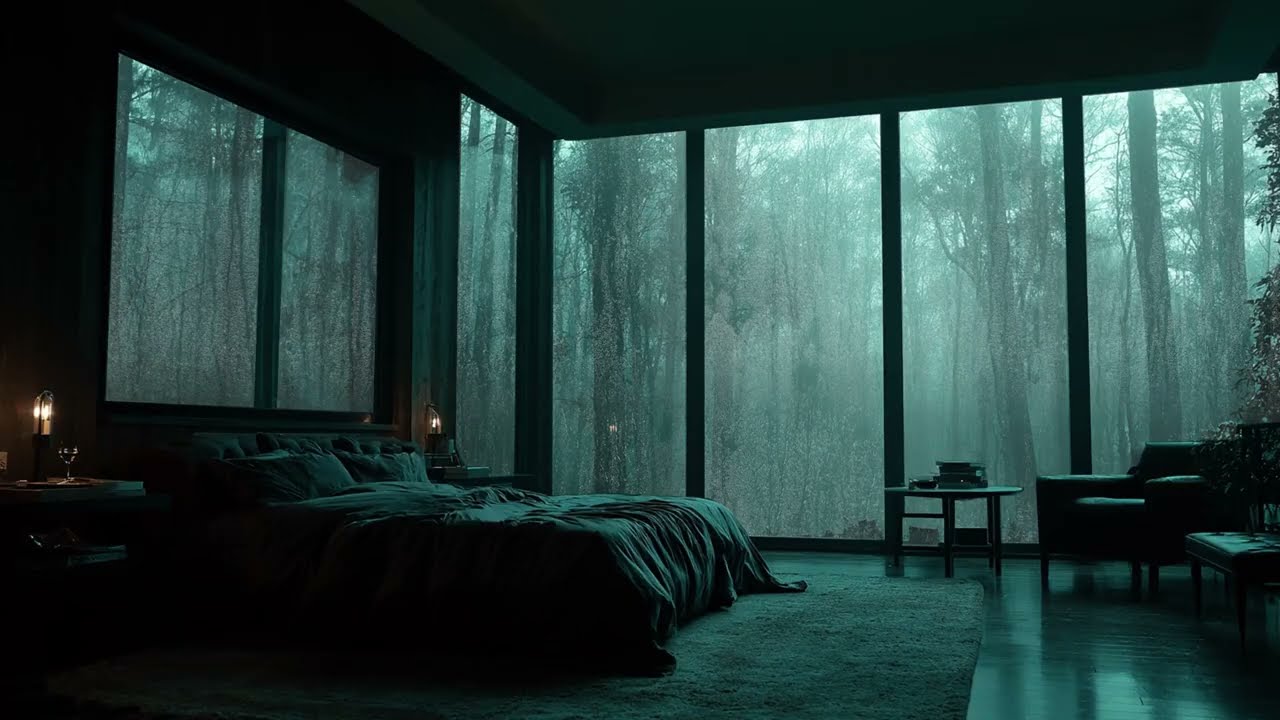 Deep Sleep with Rain on Window in a Forest Bedroom - Heavy Rainstorm and Thunder Ambience