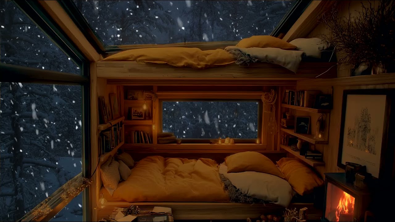 Warm fireplace and soft fire sounds, cold winter holiday air with wind whistling outside the window