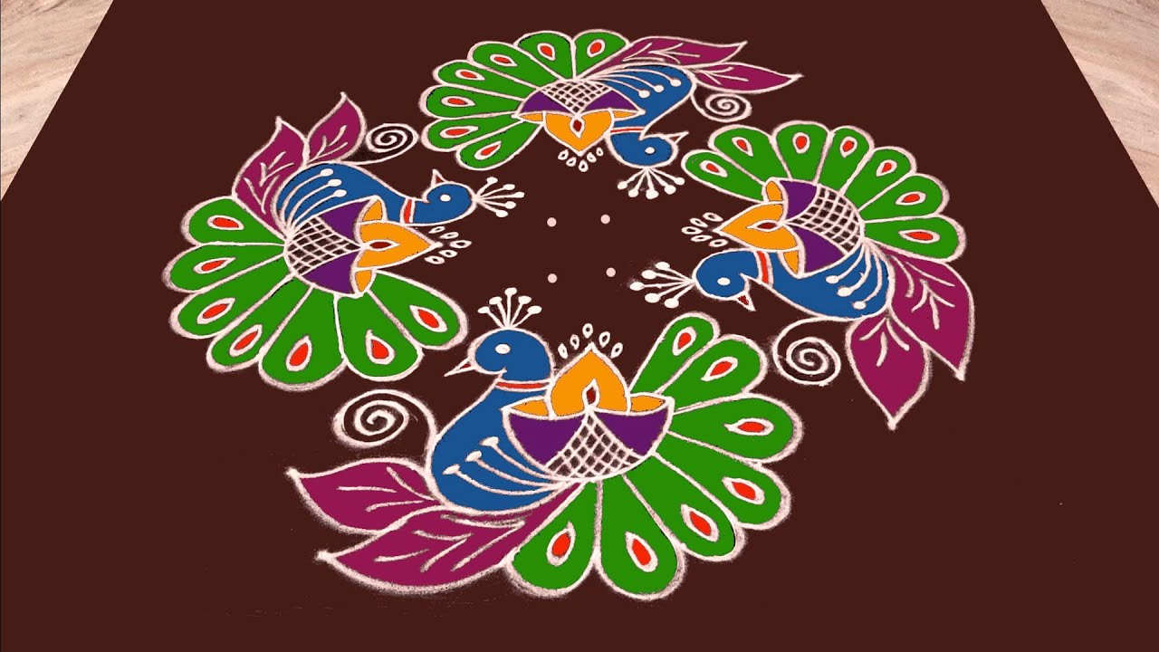 Peacock rangoli with dots | Peacock kolam | Deepam kolam | Diwali rangoli  | Diya rangoli