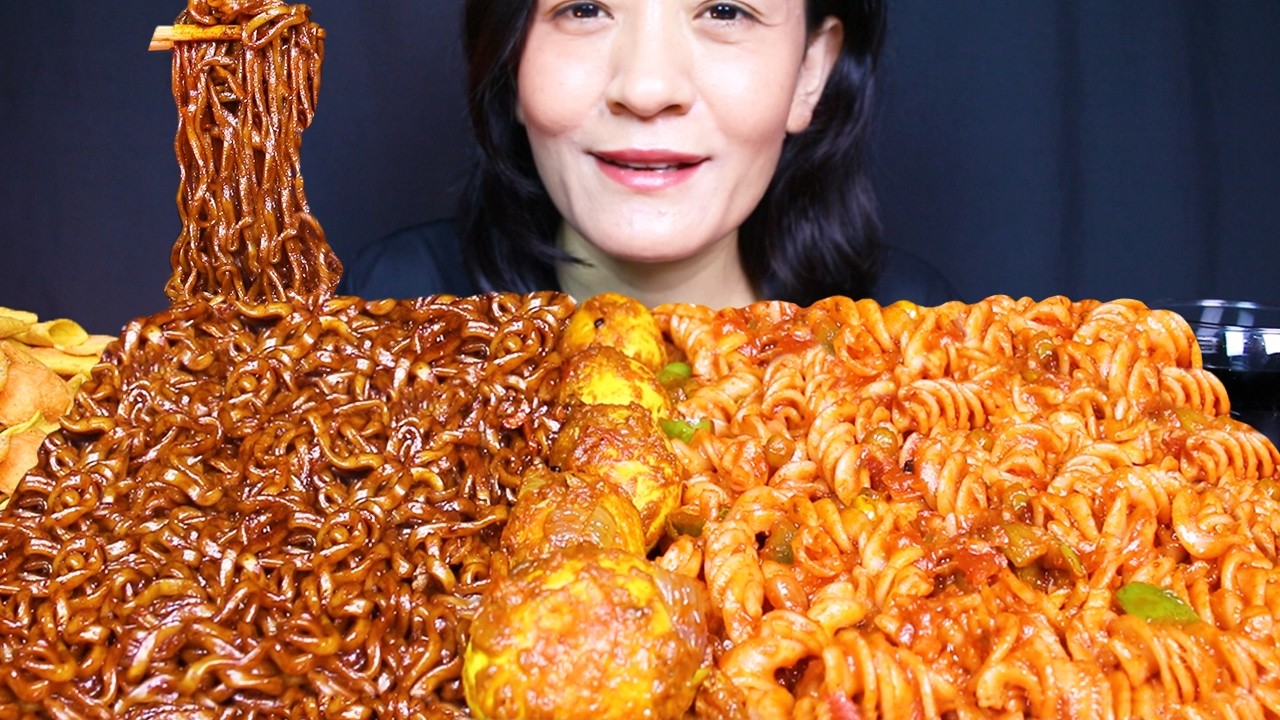 Eating Spicy Samyang Buldak Jajangmyeon Ramen, Pasta Masala and Egg Masala #ASMR/EATING SHOW MUKBANG