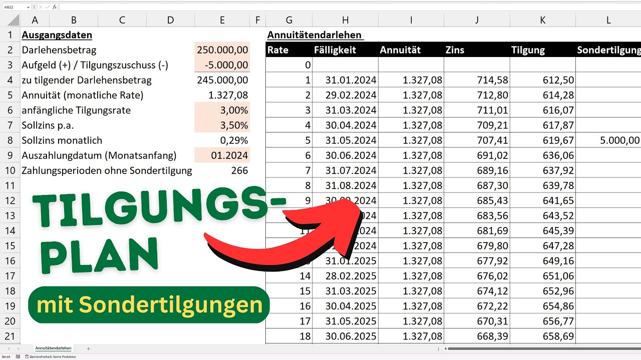 Excel Annuitätendarlehen - Tilgungsplan, Zinsen & Sondertilgungen berechnen [Darlehensrechner]
