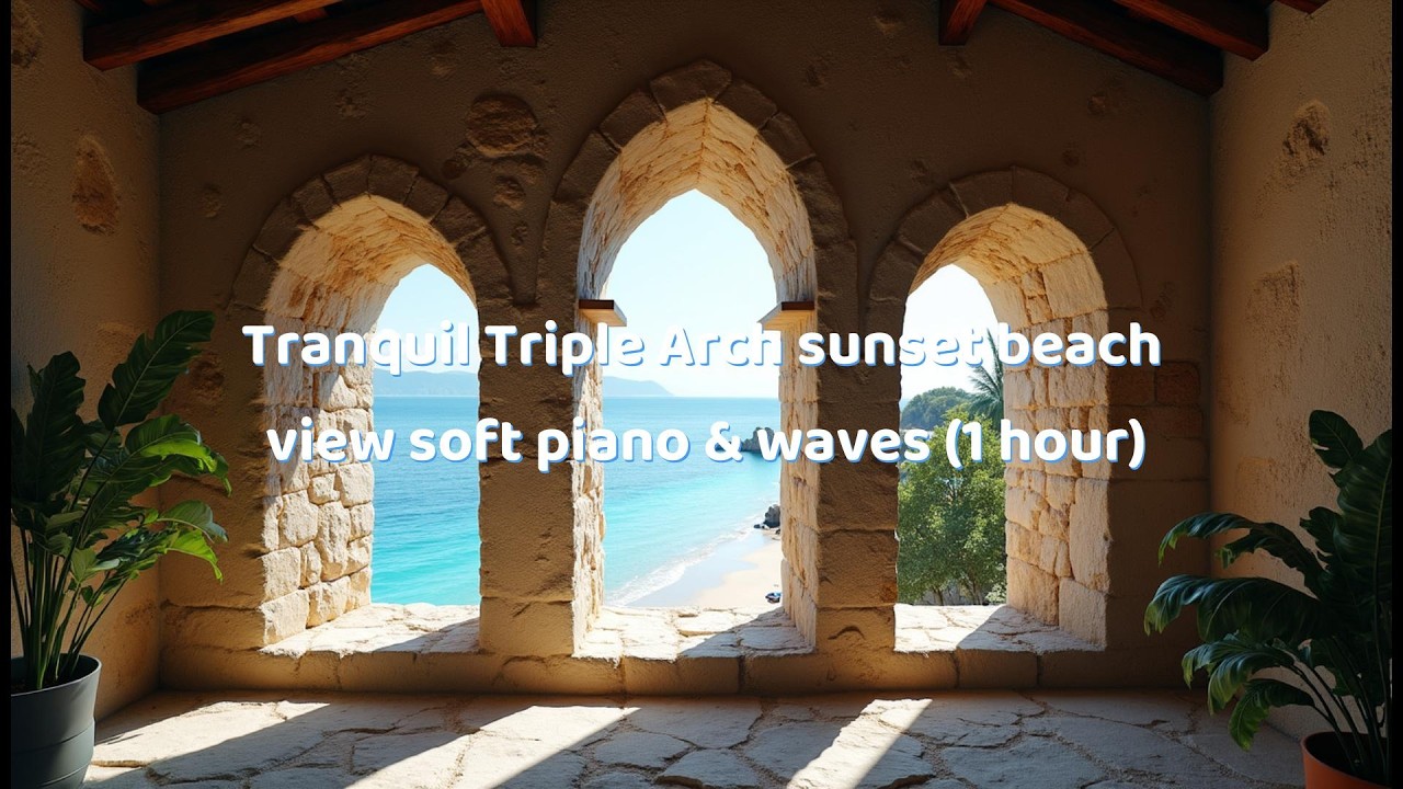 Tranquil Triple Arch — sunset beach view soft piano & waves (1 hour)