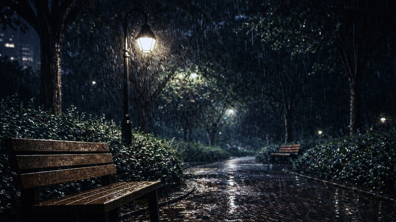Cozy Night Rain on an Empty Park Bench | Real Rain white noise (Dark Screen After 1 Hour) relaxation