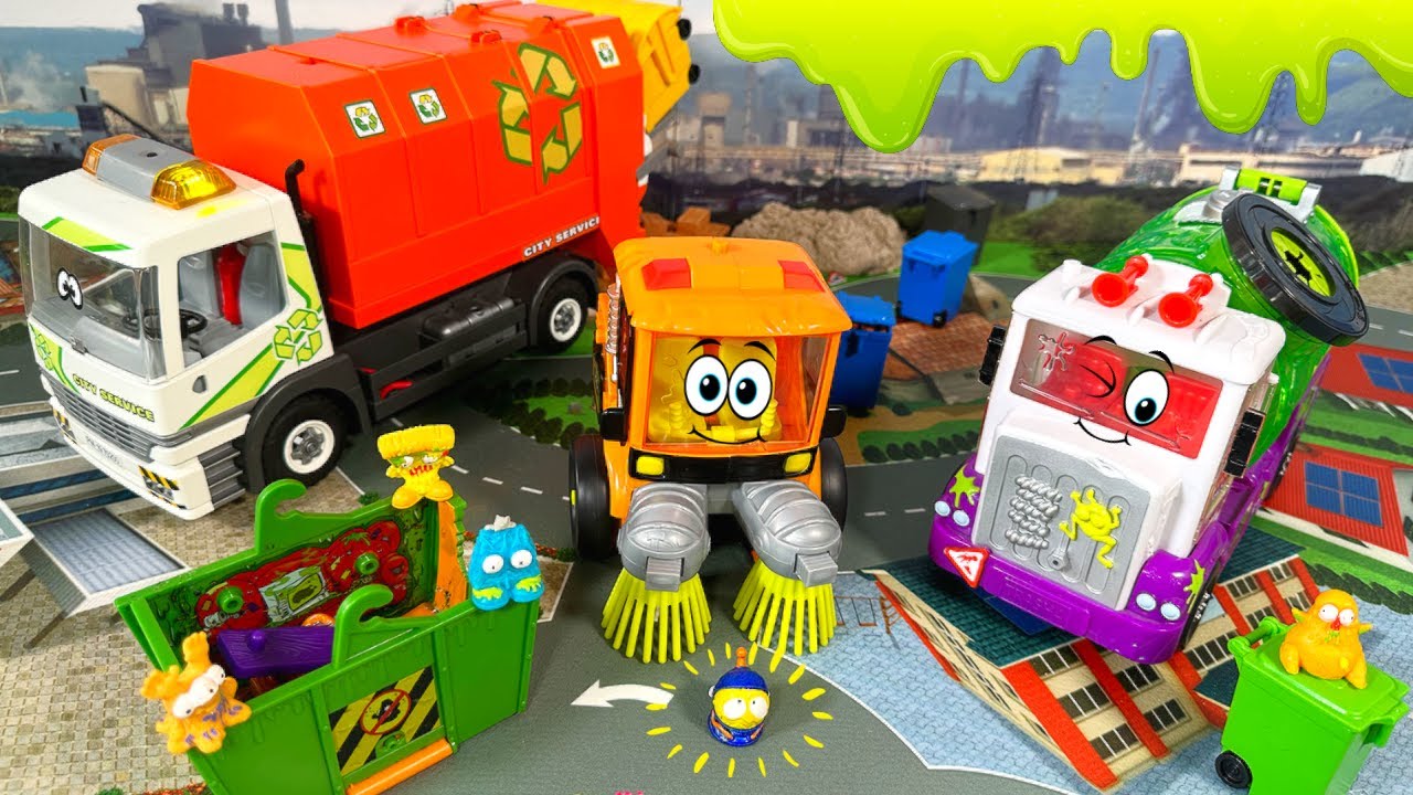 M&uuml;llauto und Kehrmaschine im Einsatz | Spielzeug M&uuml;llabfuhr und Hubschrauber sammeln M&uuml;llmonster ein