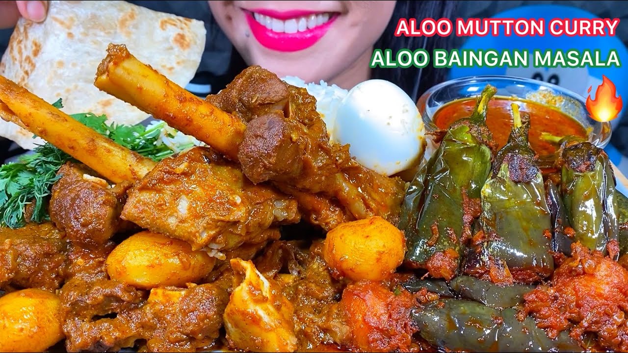 ASMR ALOO MUTTON CURRY, ALOO BAINGAN MASALA, EGG, PARATHA, RICE MASSIVE Eating Sounds