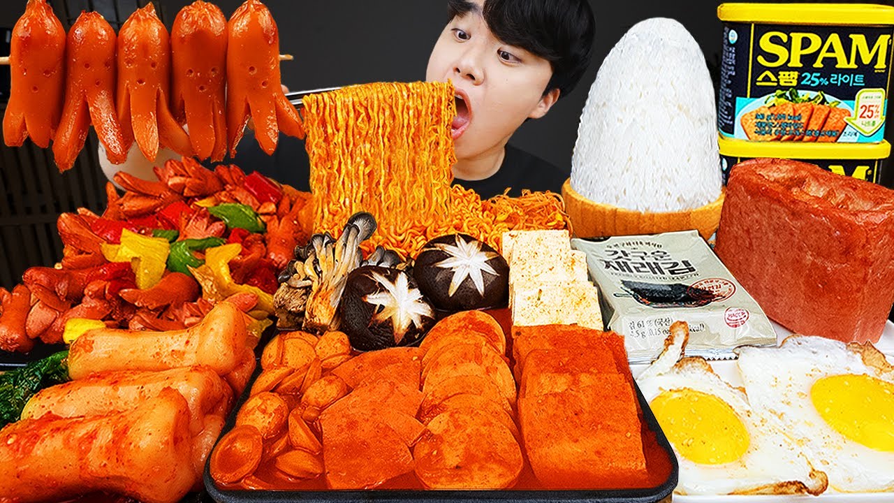 ASMR MUKBANG | Корейская домашняя еда, острая лапша, Сырный спам, Кимчи рецепт блюда