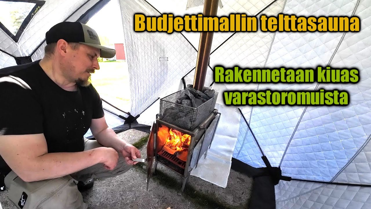 Tilasin telttasaunan netistä ja rakensin kiukaan. Päästiinkö Juhannukseksi saunomaan?