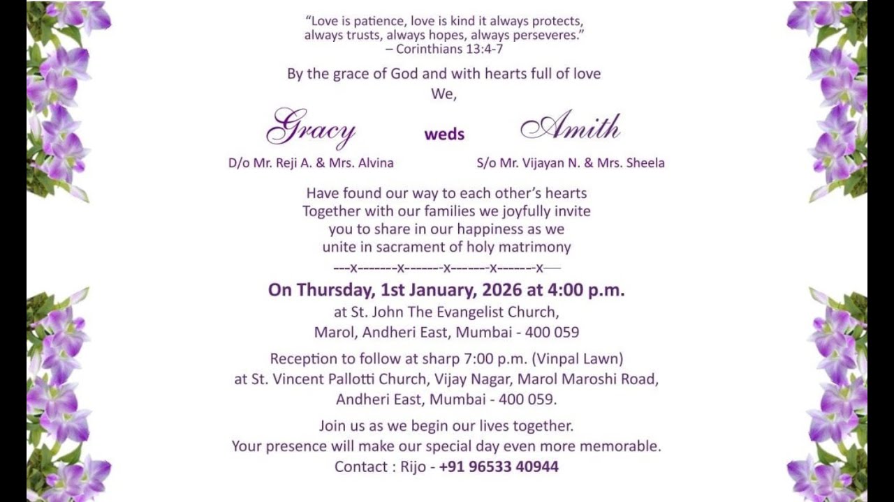 Gracy weds Amith, Wedding on 1.1.26, Live streaming at 4.00 pm (IST) onwards