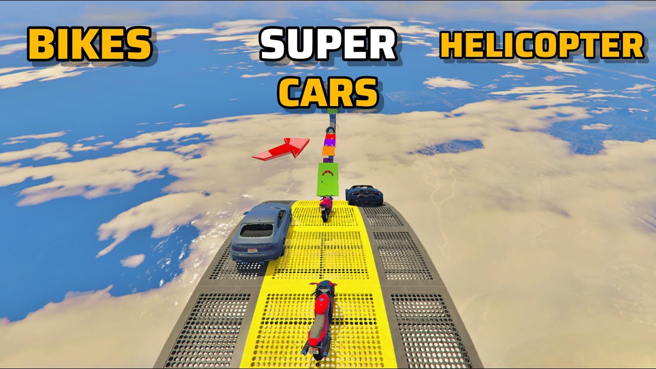 Bikes Cars And Helicopter Ramp Challenge | Bikes Super Cars and Helicopter | GTA 5 Gameplay
