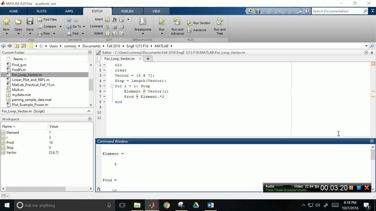 MatLab For Loop Vector