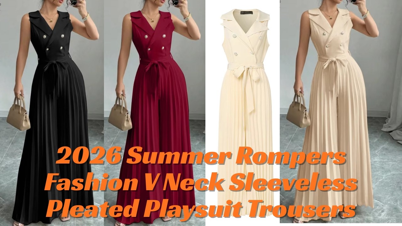 2026 Summer Rompers Fashion V Neck Sleeveless Pleated Playsuit Trousers