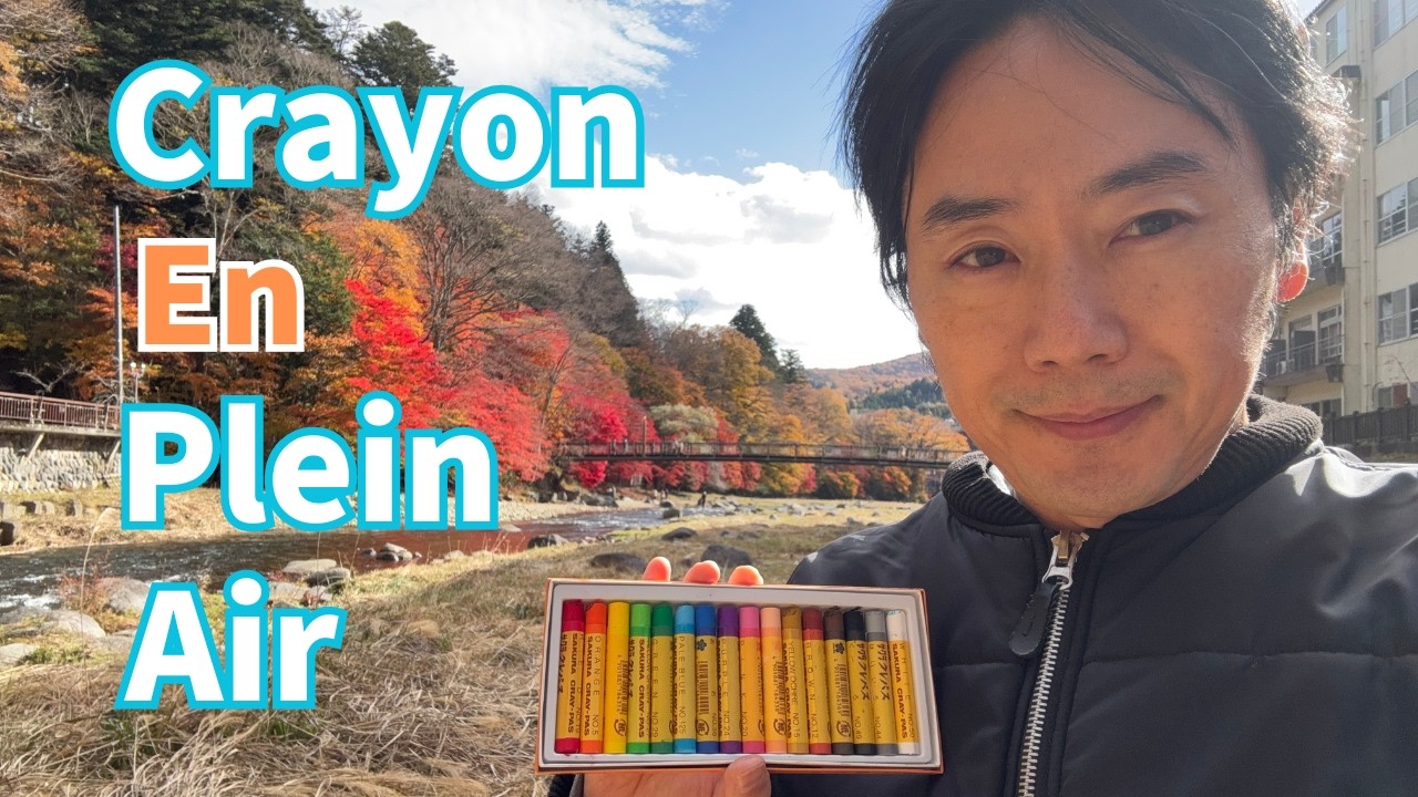 Explaining a Crayon Landscape Drawing of a Red Suspension Bridge in Japan