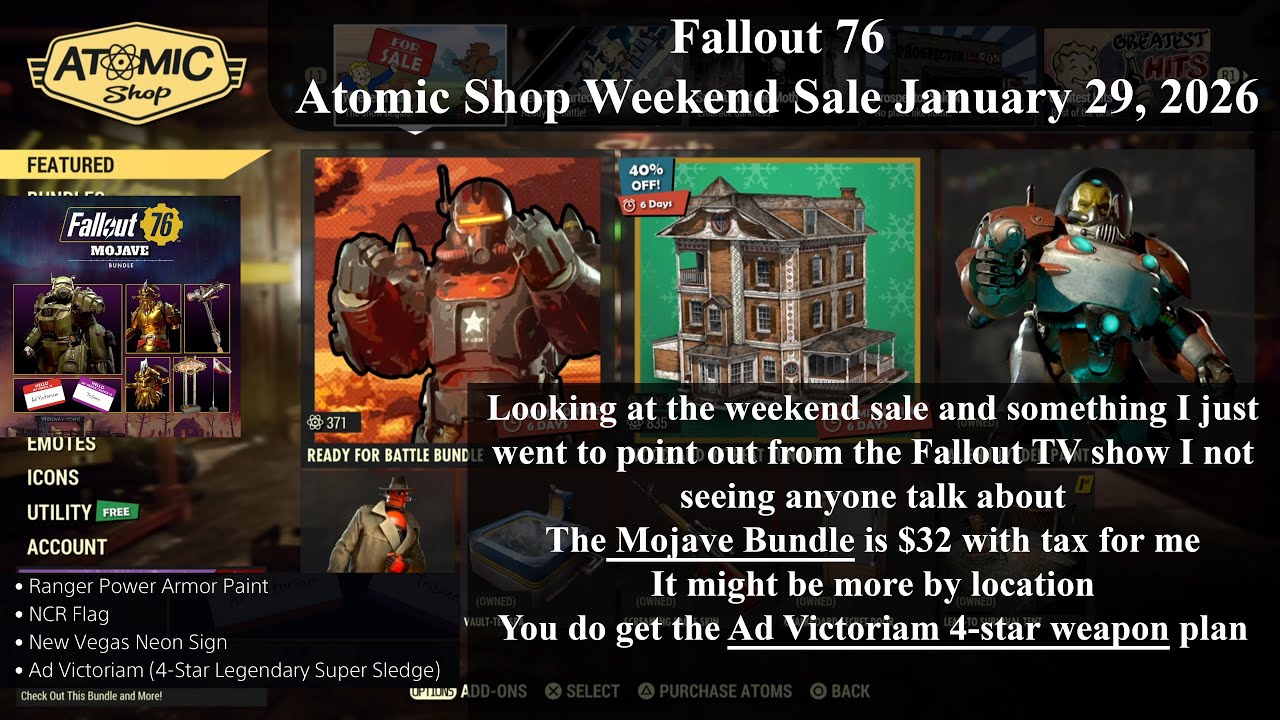 Fallout 76 Atomic Shop Weekend Sale January 29, 2026