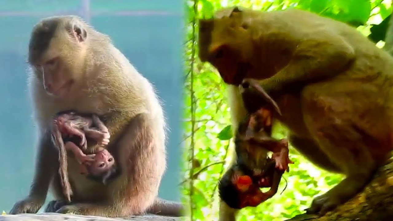 The newborn monkey is so pitiful when being held upside down by its mother.