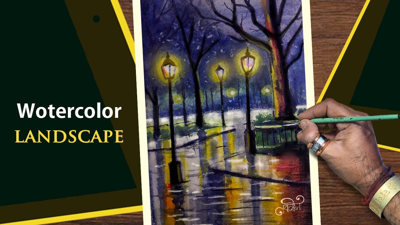 Rainy Night drawing with watercolor | Rainy City Lights Drawing | Watercolor Drawing