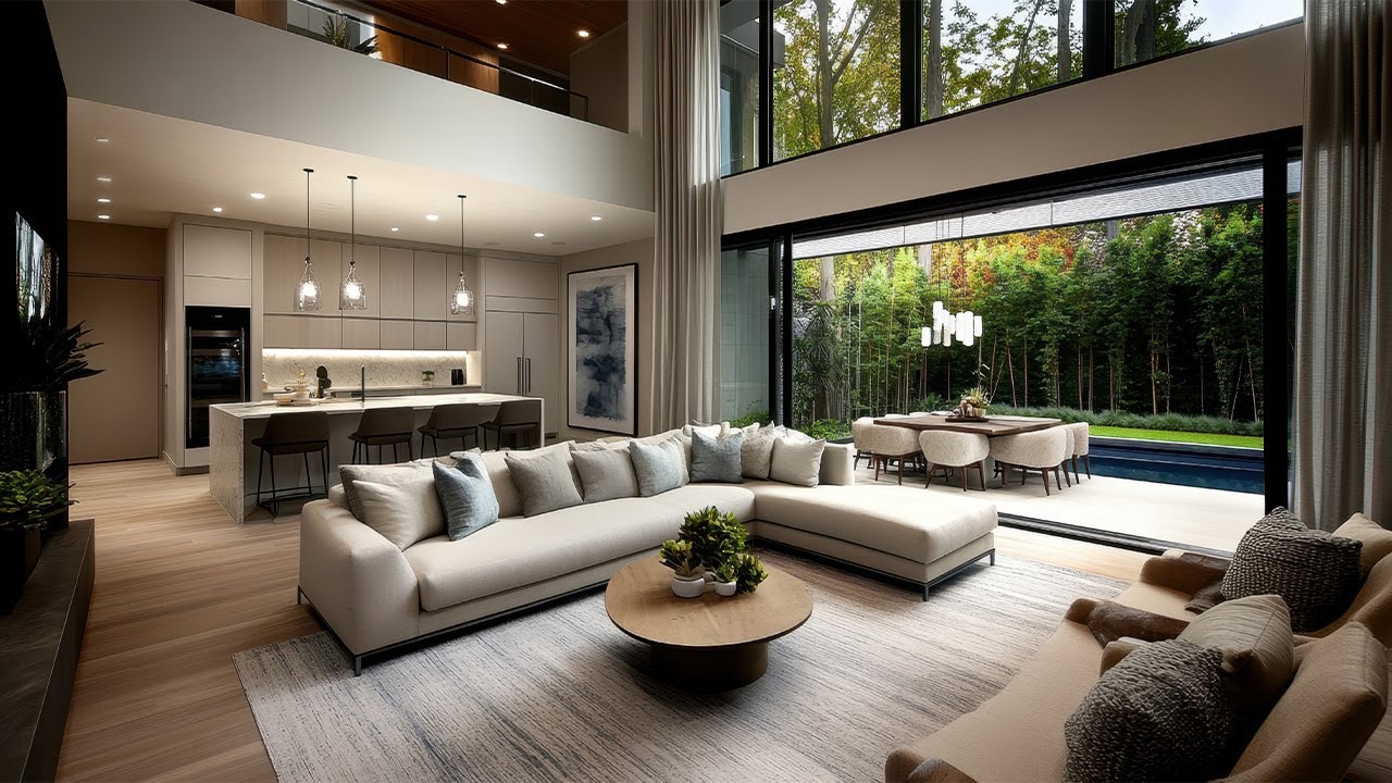 Modern Luxury Living Room Interior with Double Height Ceiling Design and  Seamless Connectivity