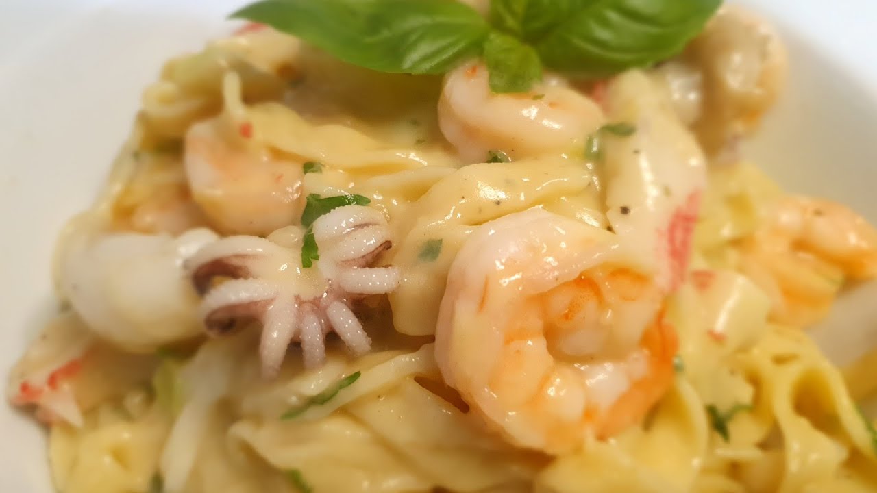 باستا وايت صوص سي فود صيامي Pasta white sauce with seafood