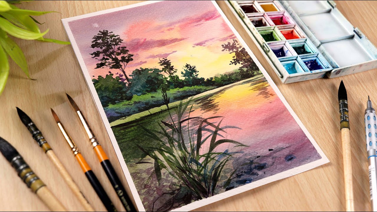 Easy Watercolor painting for beginners Lake at Sunset landscape