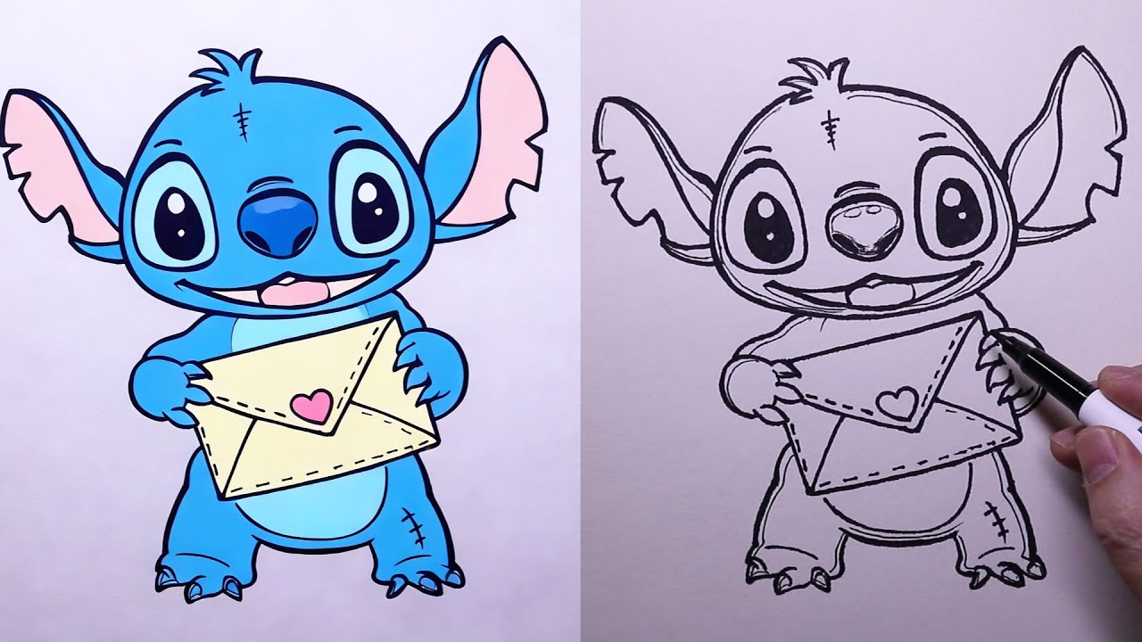 Как нарисовать Стича, держащего поздравительную открытку | Урок рисования для начинающих (пошагово)