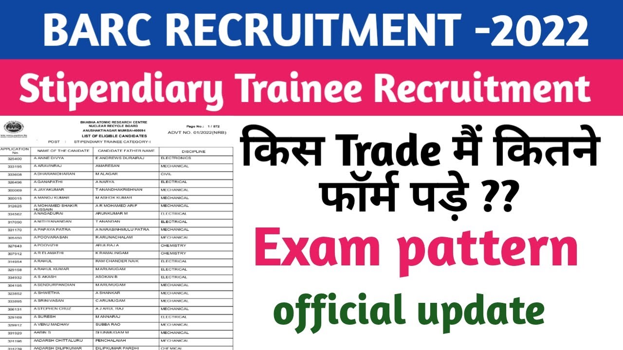 BARC recruitment -2022||total application shortlist ||trade wise form apply|| stipendairy trainee