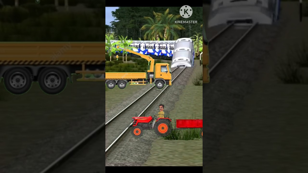 tractor stop tha high speed train #train #railway #tractor #jcb #jcbcartoon #vfxjk #trainvideo