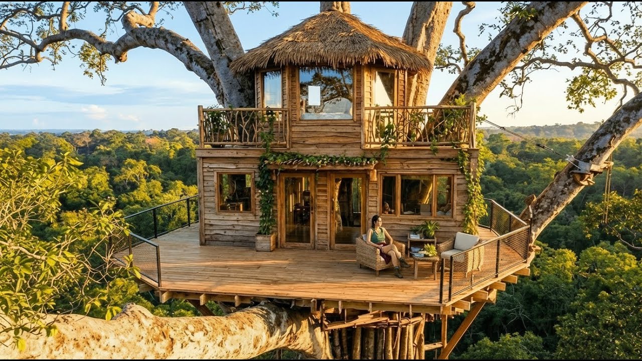 Solo Treehouse in the Forest (ASMR) – One Woman Builds a Wooden Hideout High in the Trees