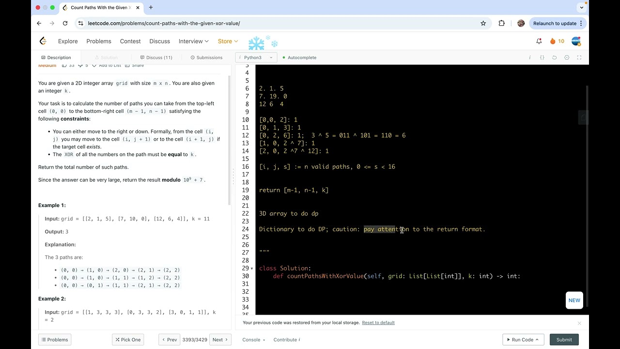 leetcode 3393  Count Paths With the Given XOR Value | DP