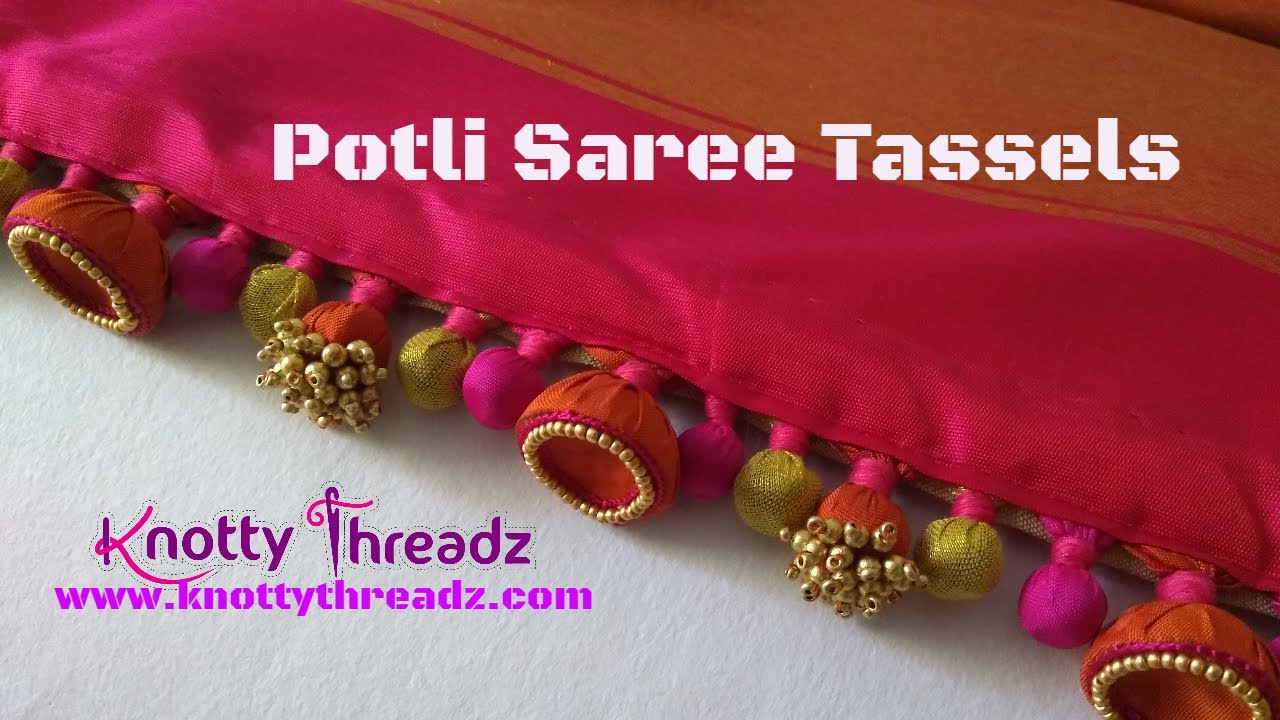 Designer Aari Work Saree Edging | Saree Tassels Using Jhumkas and Potlis | www.knottythreadz.com