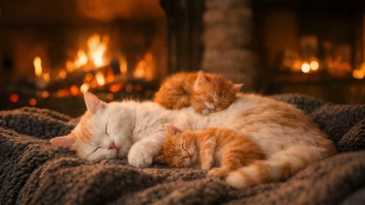 Adorable Cat Family Sleeping by Fireplace | Cozy Winter Night Ambience. #asmr #purringcats #cat