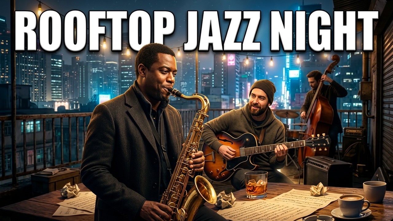 Late Night Rooftop Jazz & Blues Relaxing City Skyline Ambience (No Vocals)