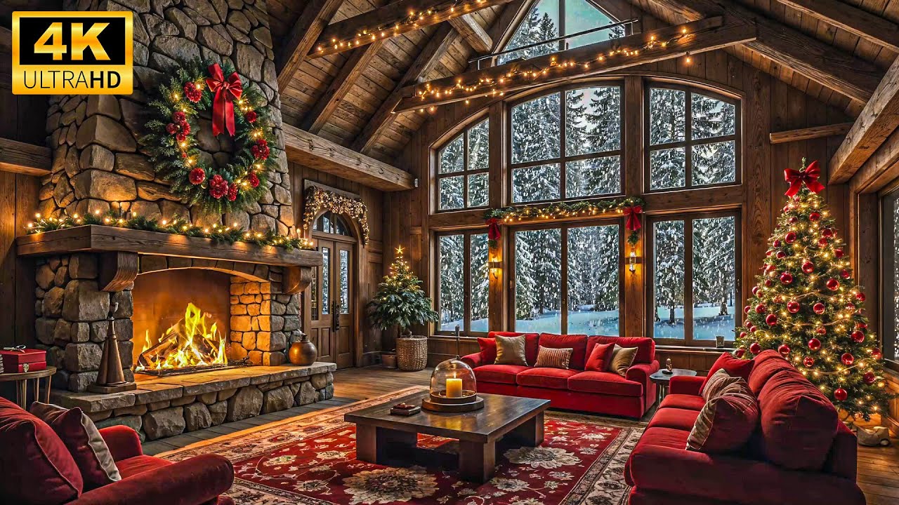 ✨ Christmas Cabin Ambience | Cozy Fireplace, Snowfall & Holiday Decorations